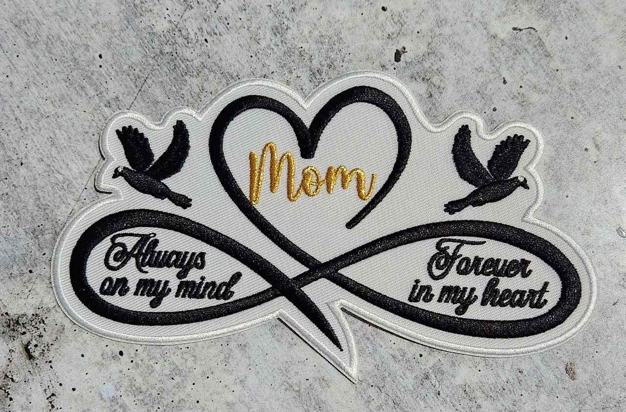 Memorial Infinity Collection: Patch Party Club, "MOM" Eternal Remembrance 1-pc, Iron-On Embroidered Patch, Sz 6", Tribute Honoring Loved One